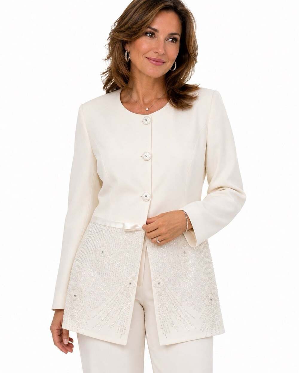 John Meyer of Norwich Women 80’s 26W Ivory Beaded Embroidered Long Blazer Jacket